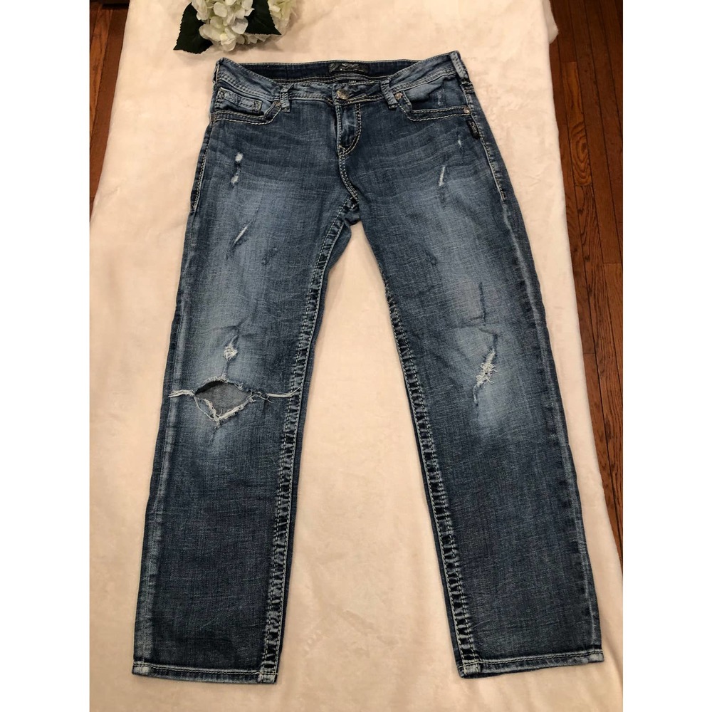 Silver Blue Distressed Sam Boyfriend Jeans with Rhinestone Detail, Sz W29/ L 28